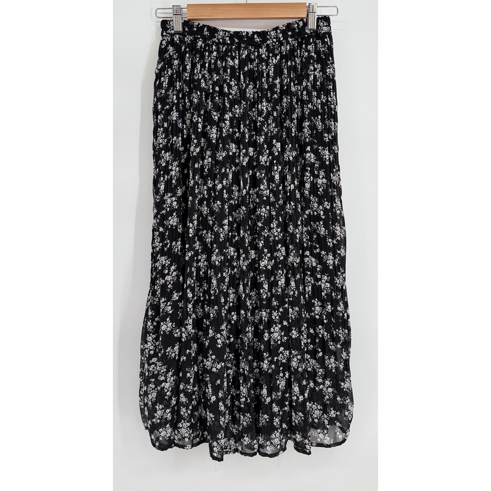 INGNI Black White Floral Pleated Midi Skirt Elastic Waist Size M